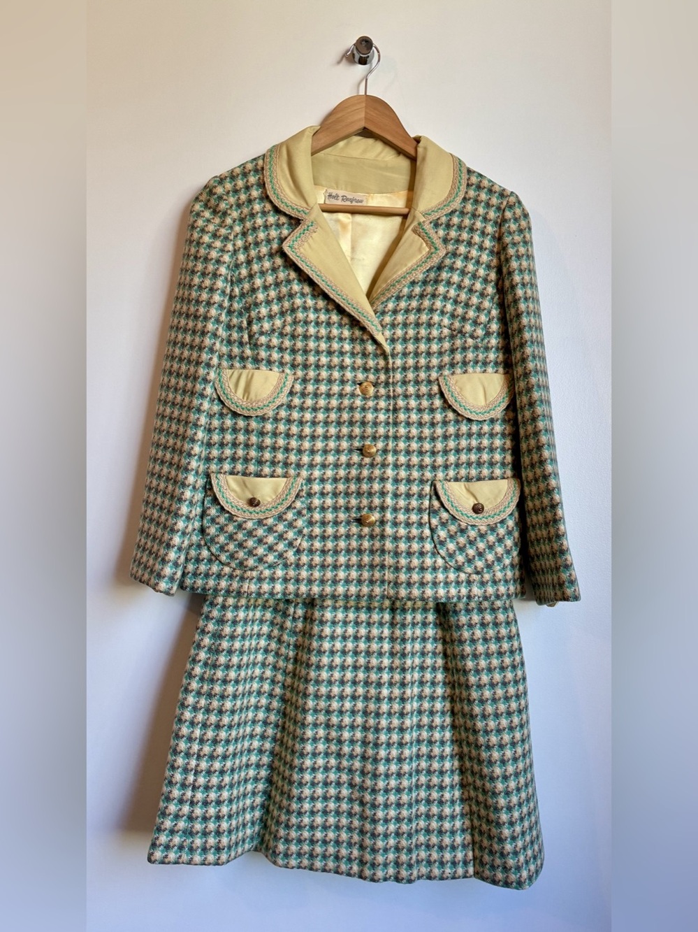 💎 Vintage 60s Holt Renfrew Wool Houndstooth Skirt Blazer Suit Set ILGWU XS 💎